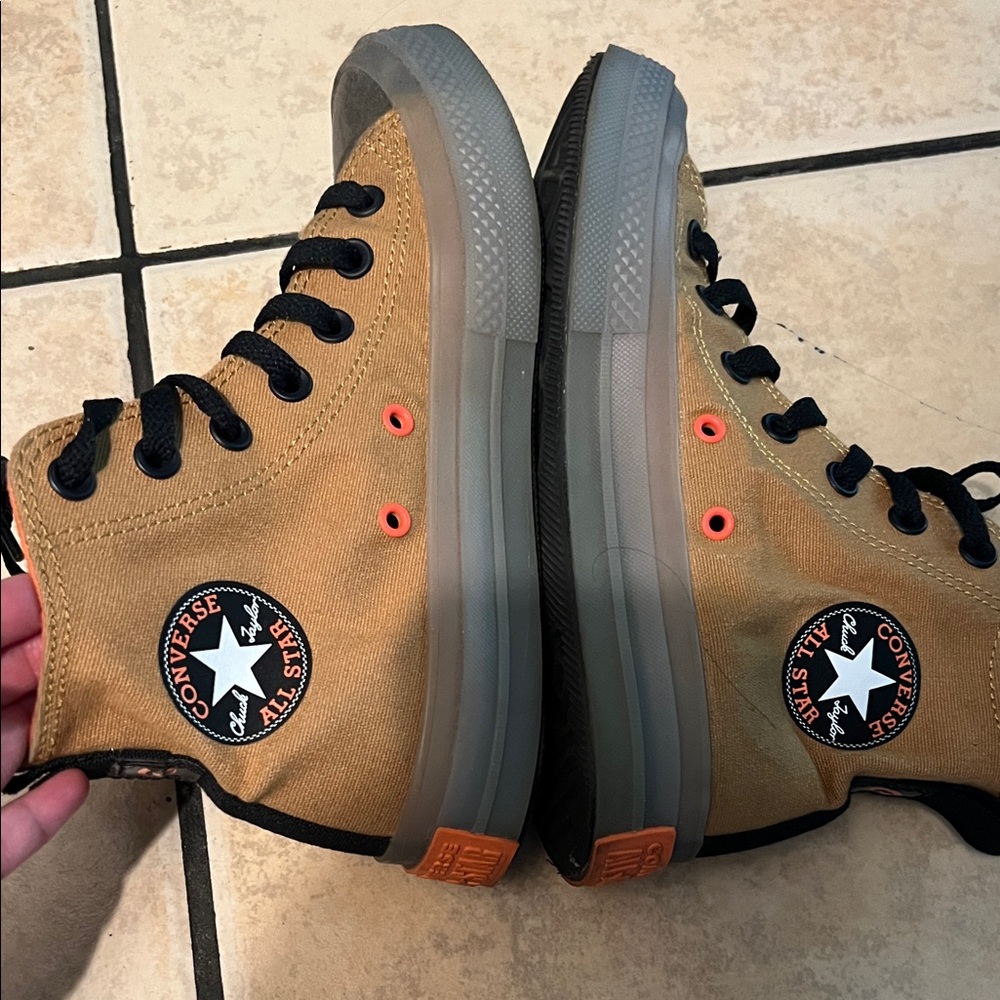 Converse High-Tops in Brown and Black with Orange Accents